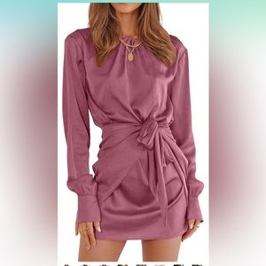 Satin long sleeve dress with tie waist